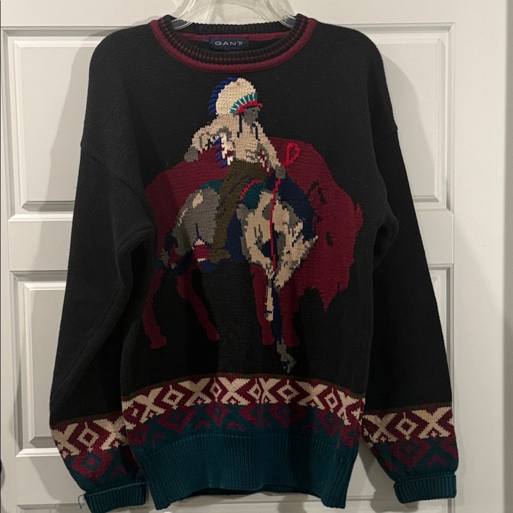 1990S Gant HAND INTARSIA KNIT SWEATER NATIVE AMERICAN PICTORIAL medium